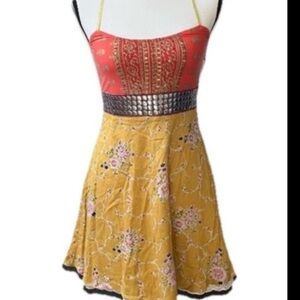 Vintage RARE Free People Red and Gold Floral Mini Dress- gold straps-festival
